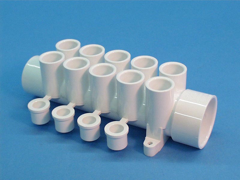 672-4630 - Manifold PVC,Water,WATERW,1.5 Inch Sx1.5 Inch Spgx(10)1/2 Inch S ,(4)Plgs - 672-4630