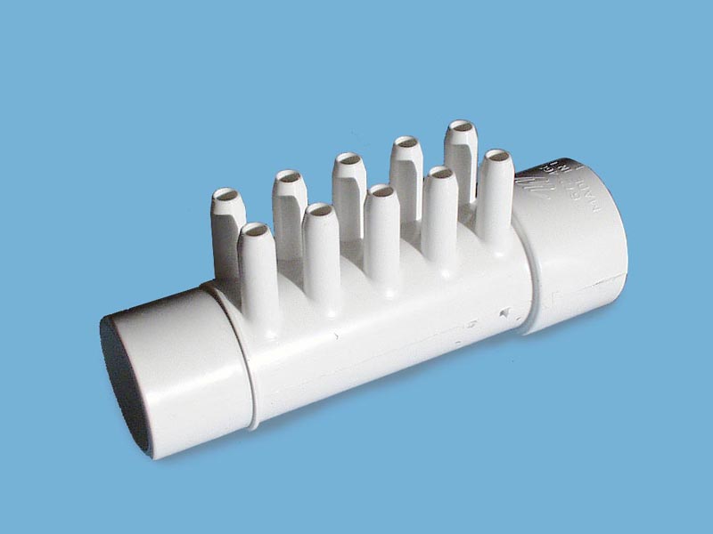 672-4660 - Manifold PVC,Air,WATERW,1.5 Inch S x 1.5 Inch Spg x (10)3/8 Inch SB,(4)Plgs - 672-4660