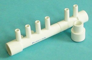 672-4690 - Manifold PVC,Air,WATERW,1/2 Inch Sx1/2 Inch Spgx(6)3/8 Inch SB,(2) Plgs - 672-4690