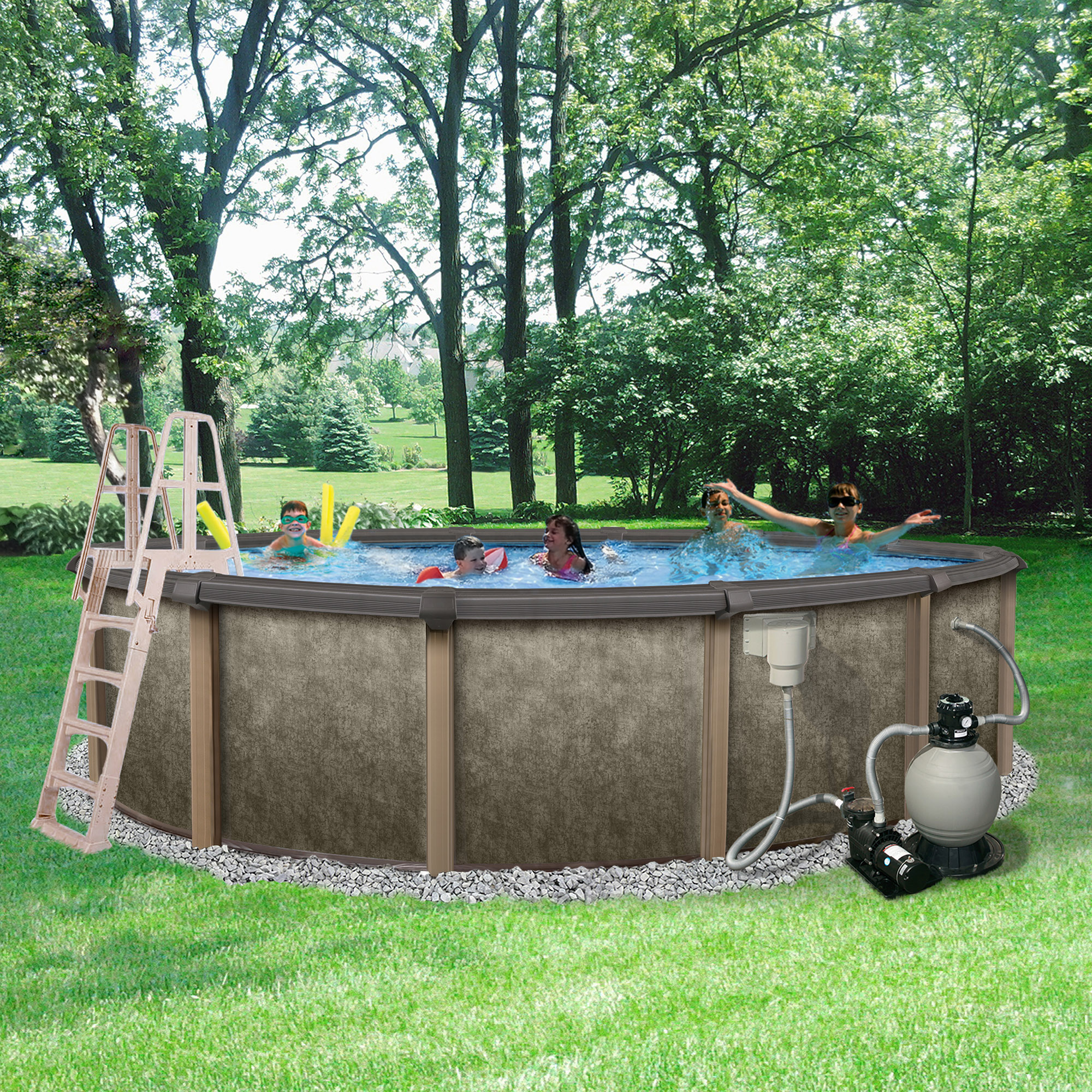 NB3604 - Riviera 18-ft Round 54-in Deep 8-in Top Rail Metal Wall Swimming Pool Package - NB3604